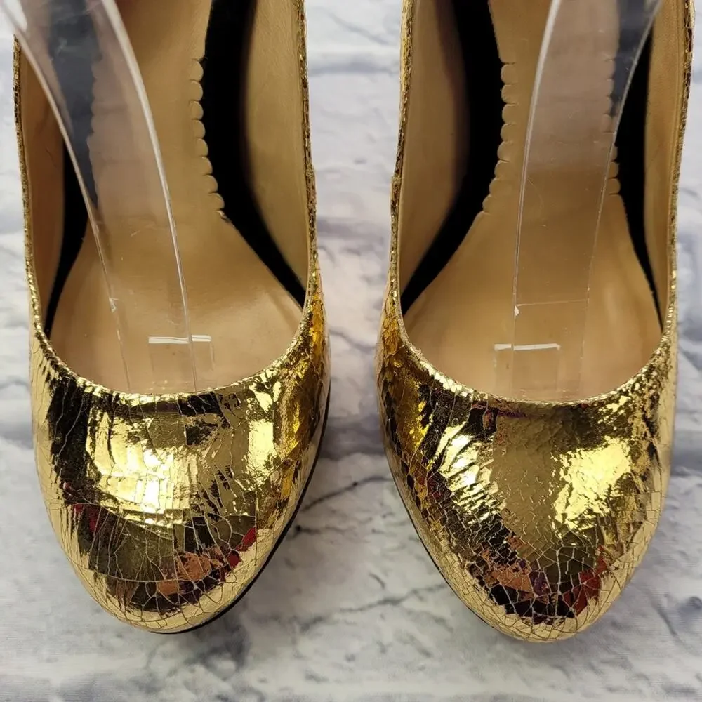 Reed Krakoff Crackled Gold Stiletto Slingback Platform Pumps size 6 1/2